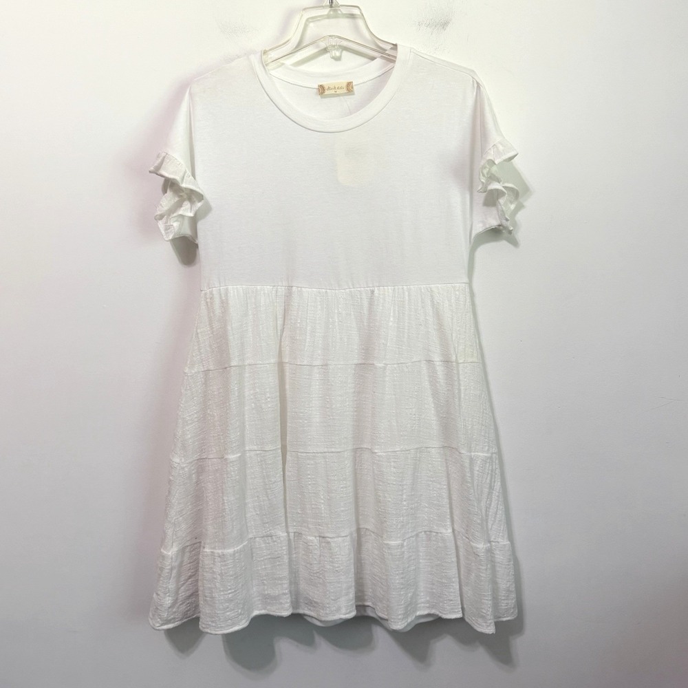 Altard State White Tiered Mini Shirt Dress M Cotton Ruffle Sleeve Textured NEW